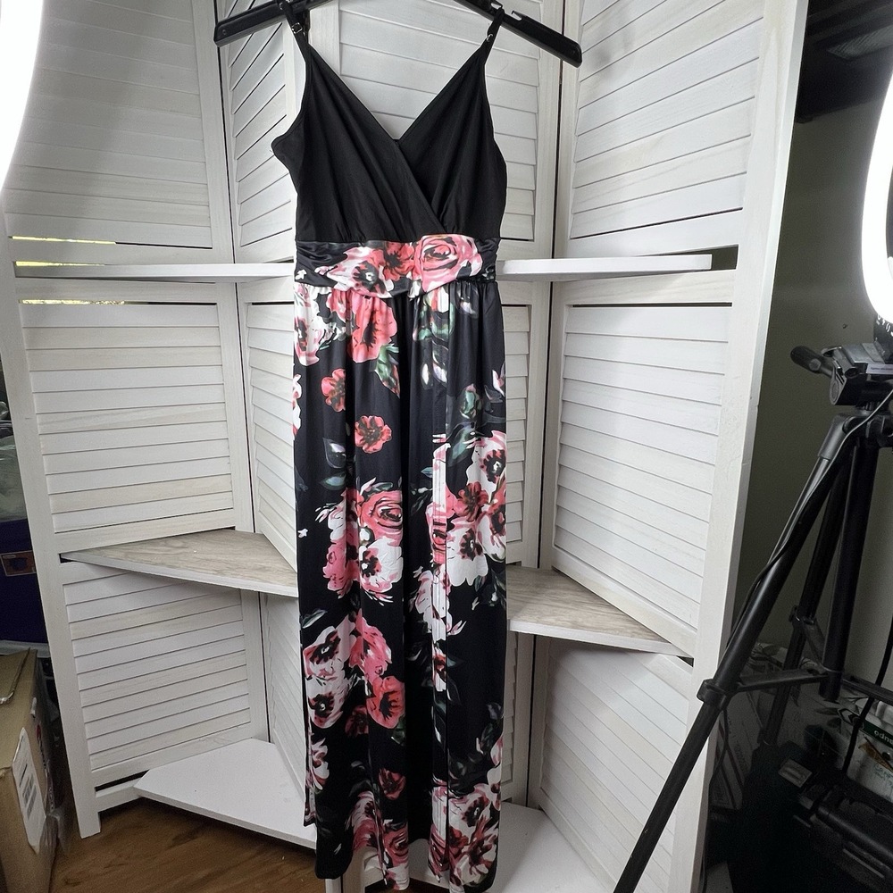 Black Floral Sleeveless Maxi Dress Women's Sz Small V-Neck Spaghetti Straps Boho
